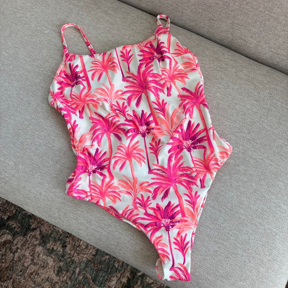 Shade & Shore One Piece Swimsuit L Pink Purple Palm Tree Beachy Tropical Whimsy